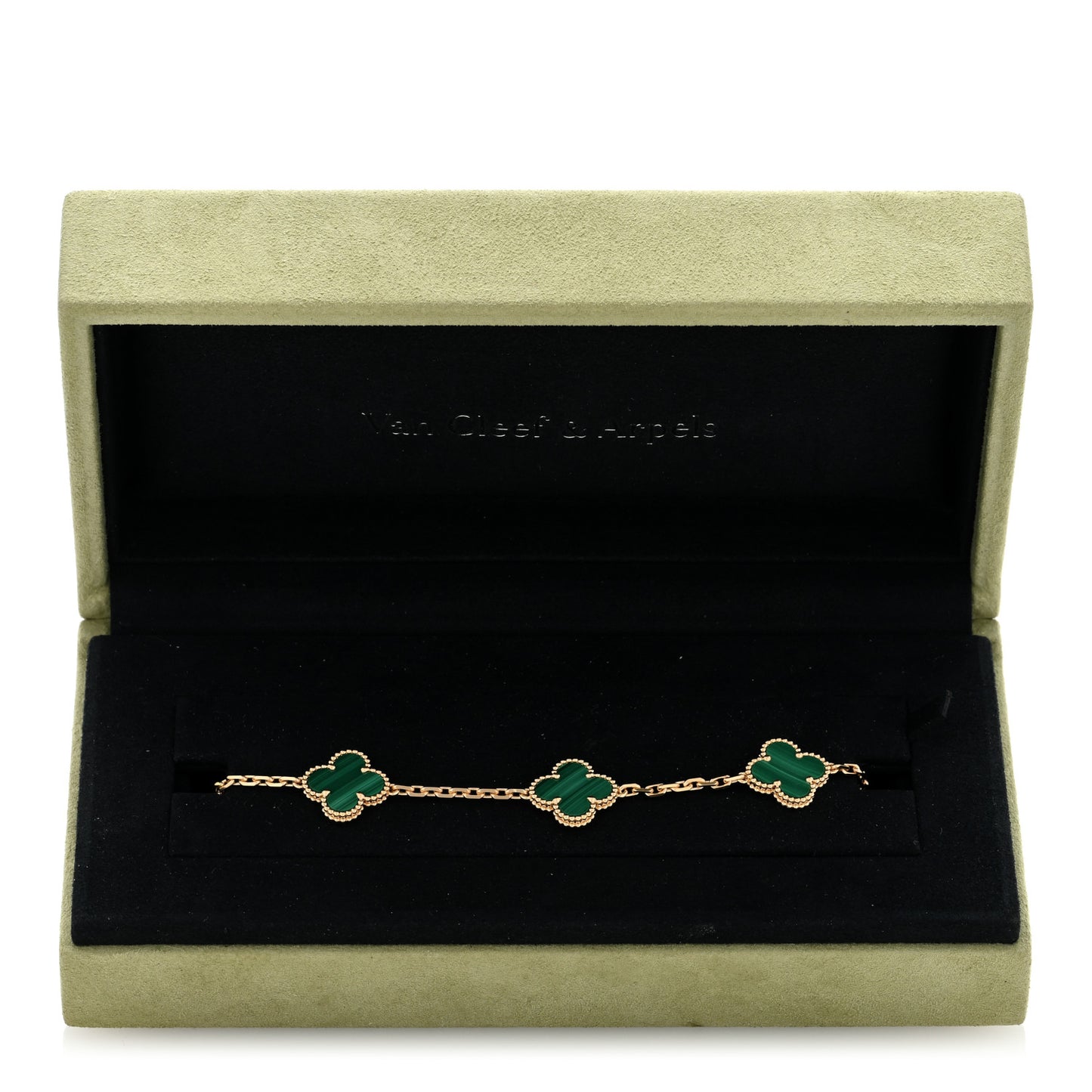 18K Yellow Gold Malachite 5 Motifs Vintage Alhambra Bracelet