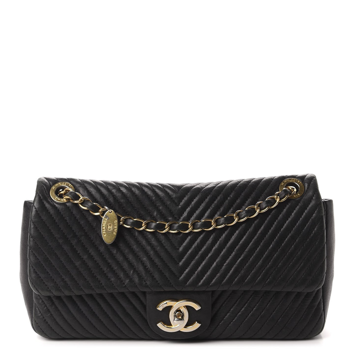 Calfskin Chevron Quilted Medium Surpique Flap Black