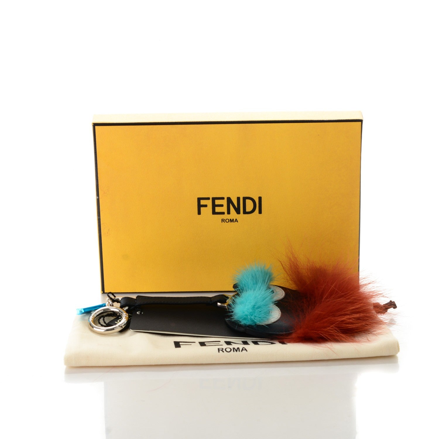 Fendi Vitello Dolce Fox Mink Fur Monster Bag Bug Mirror Charm Lavagna Rust Turquoise 5 of 5
