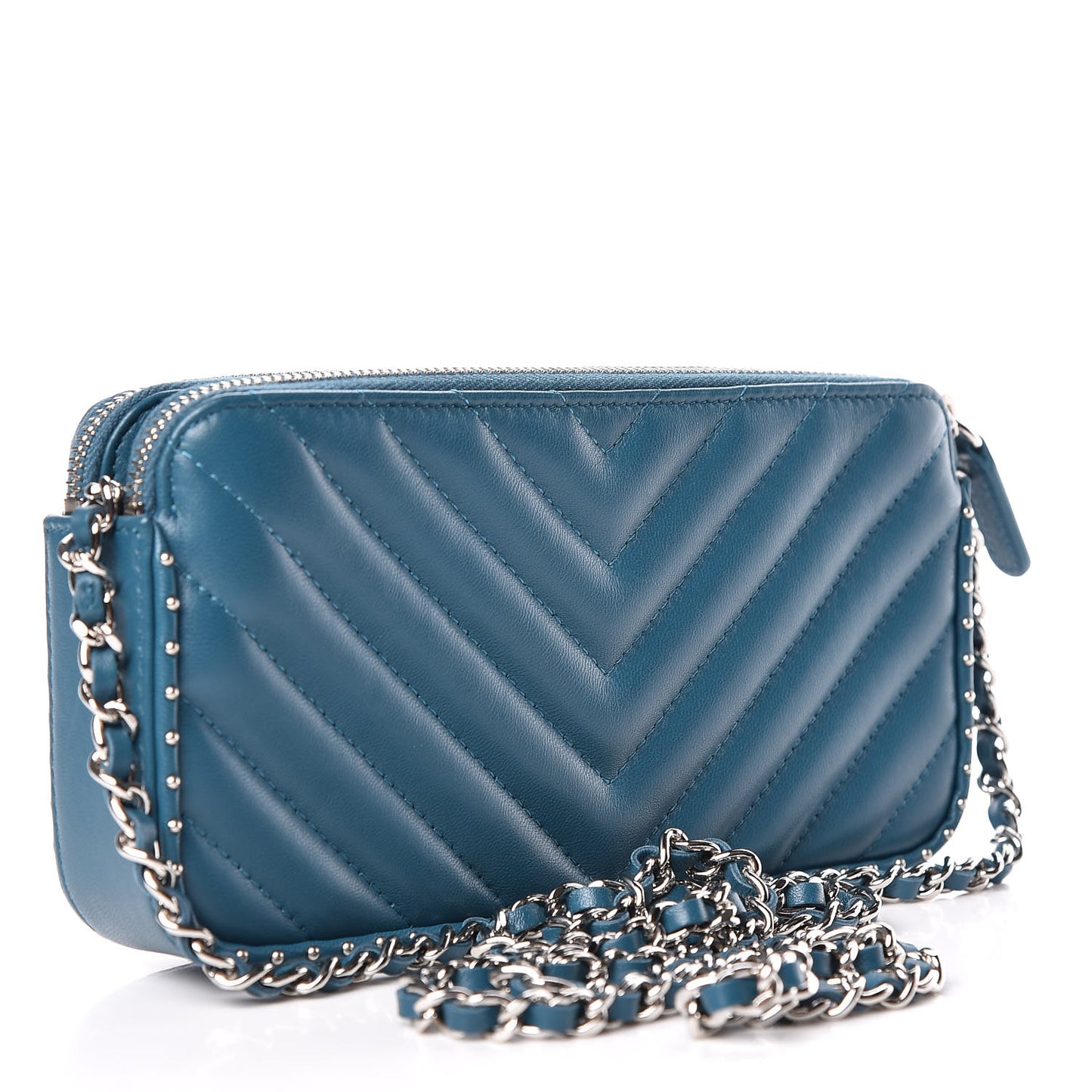 Lambskin Chevron Quilted Studded Small Clutch With Chain Blue