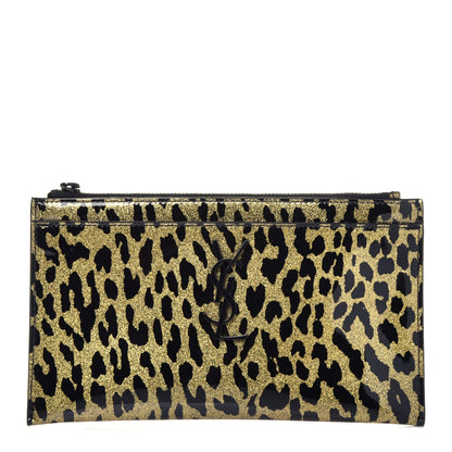 Saint Laurent Patent Glitter Leopard Monogram Zip Pouch Gold Black 1 of 7