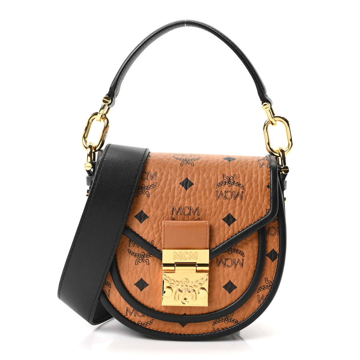 MCM Visetos Mini Patricia Round Crossbody Wallet Cognac Black 1 of 9