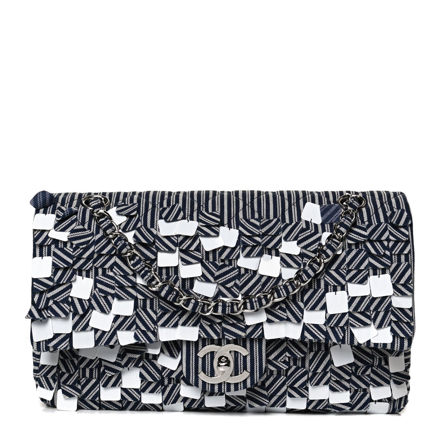 Canvas Sequin Stripe Medium Double Flap Navy Blue