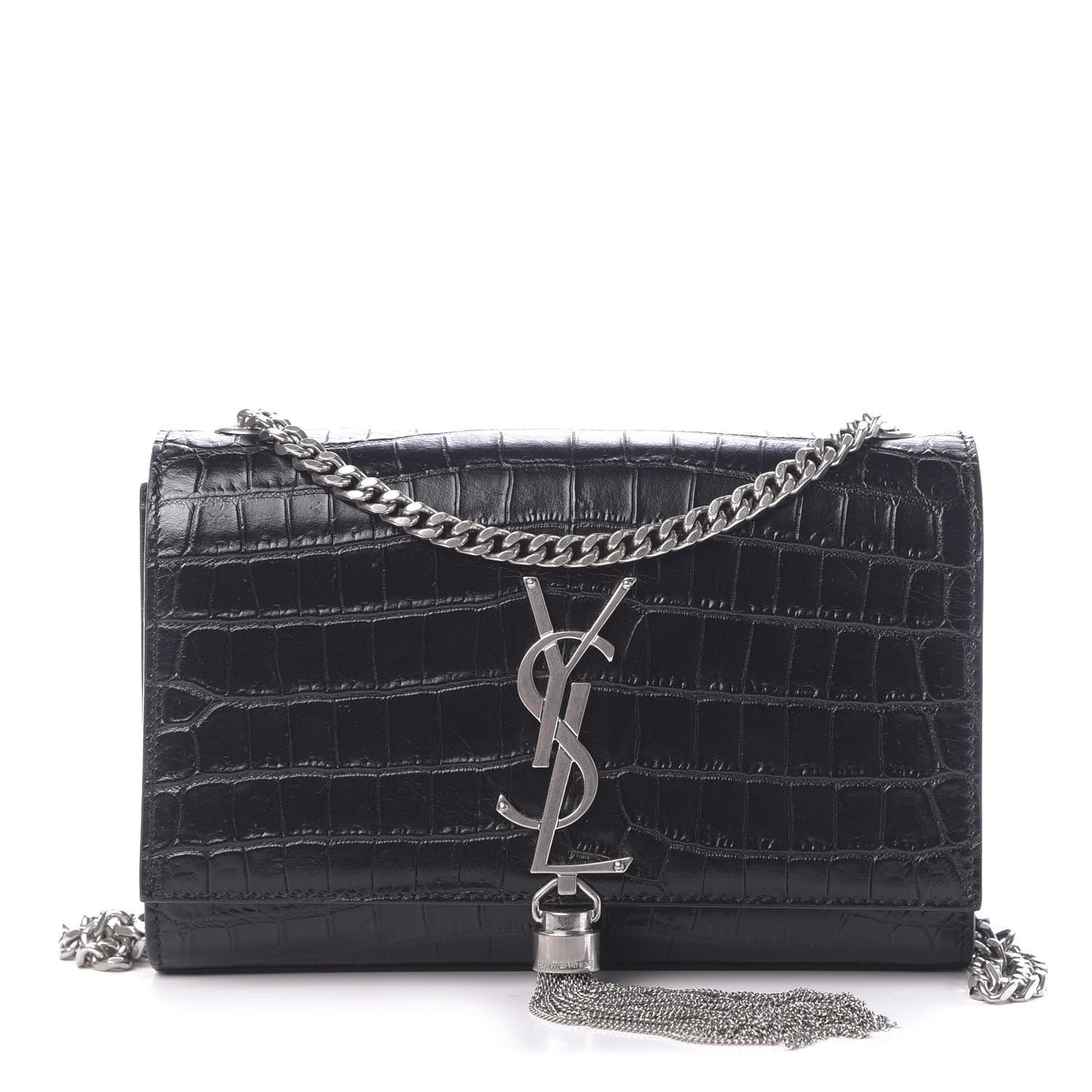 Calfskin Crocodile Embossed Small Classic Monogram Kate Tassel Satchel Black