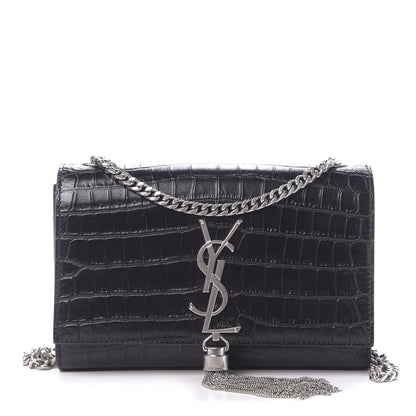 Saint Laurent Calfskin Crocodile Embossed Small Classic Monogram Kate Tassel Satchel Black 1 of 11