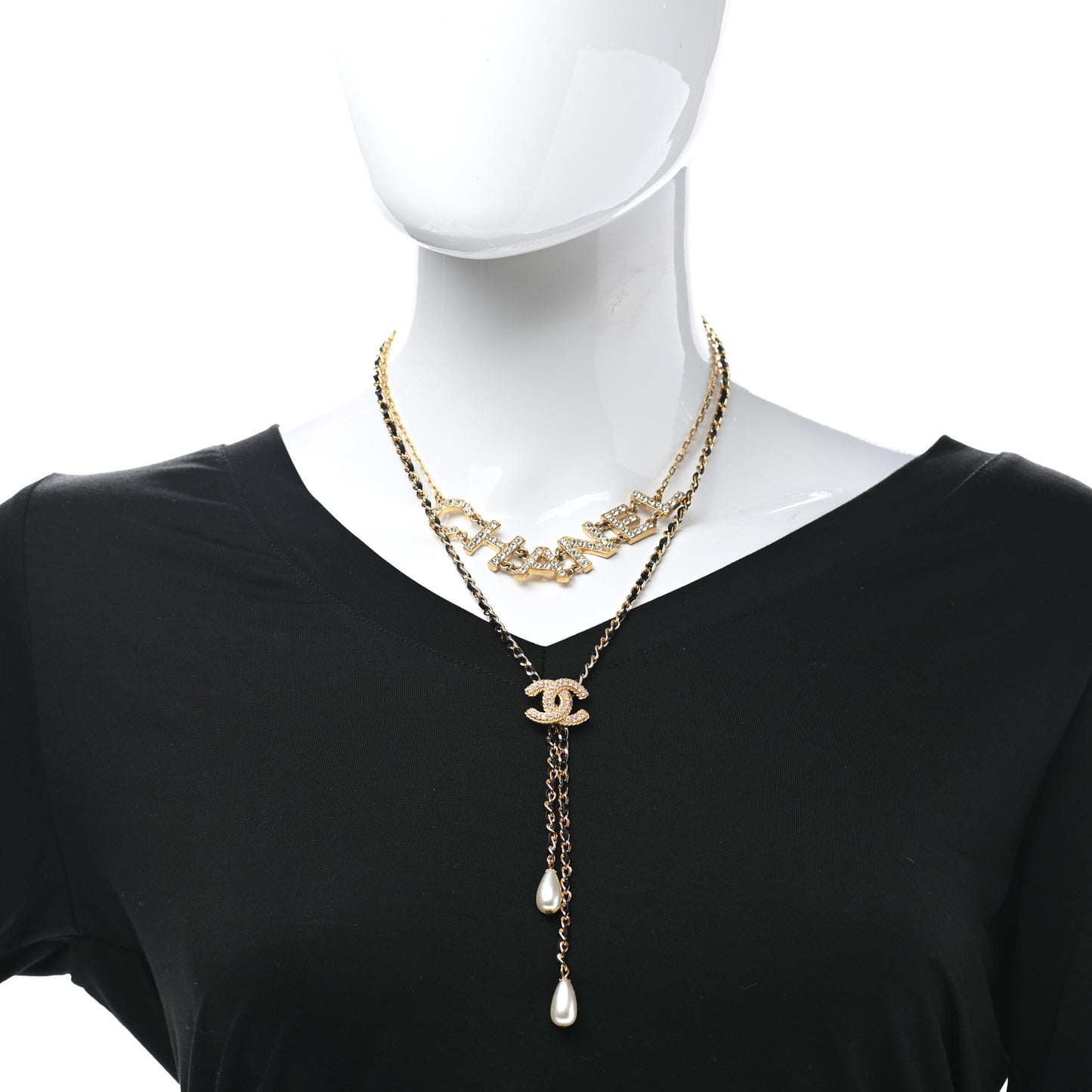 Lambskin Crystal Pearl Logo CC Double Strand Necklace Gold White Black