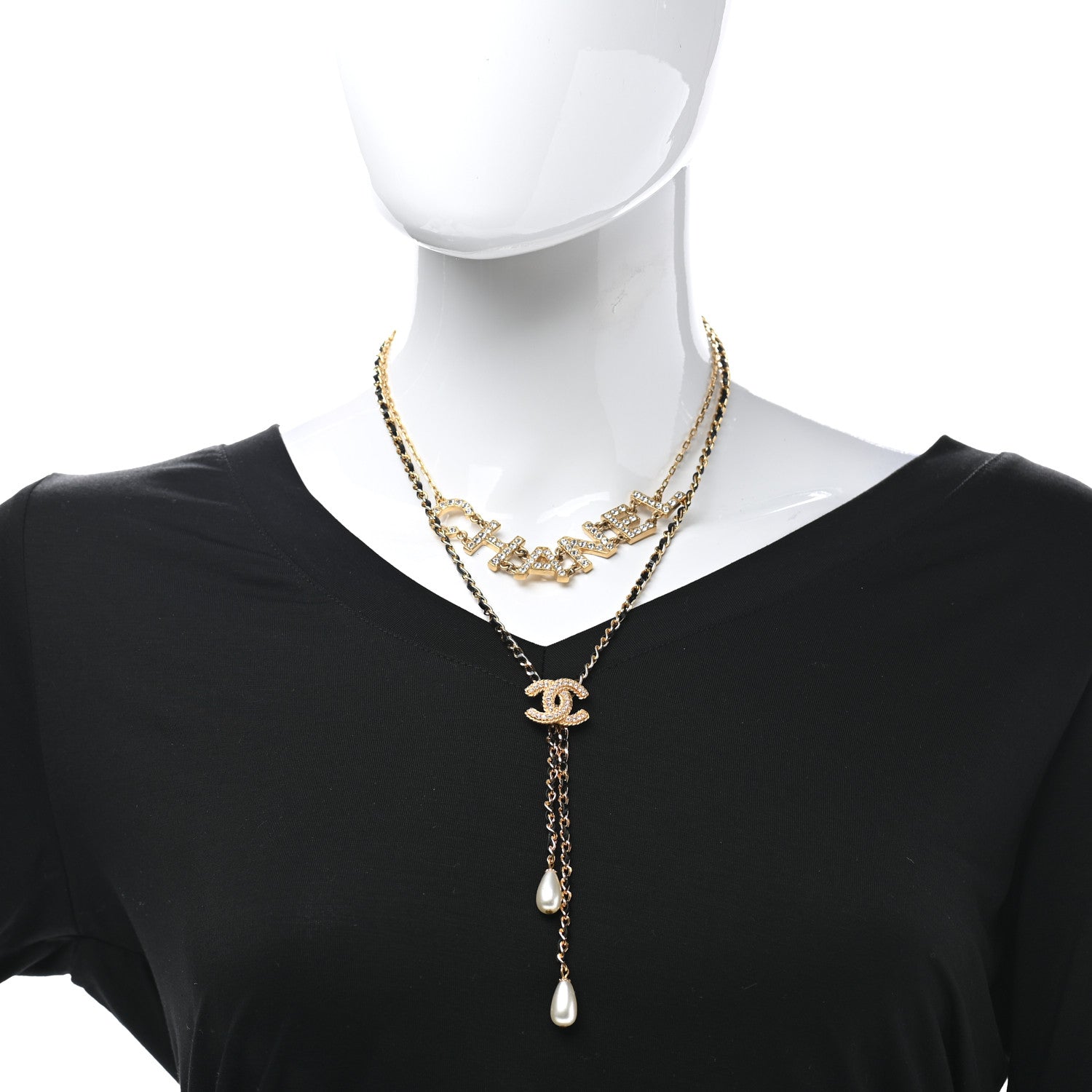 Chanel Lambskin Crystal Pearl Logo CC Double Strand Necklace Gold White Black 3 of 6