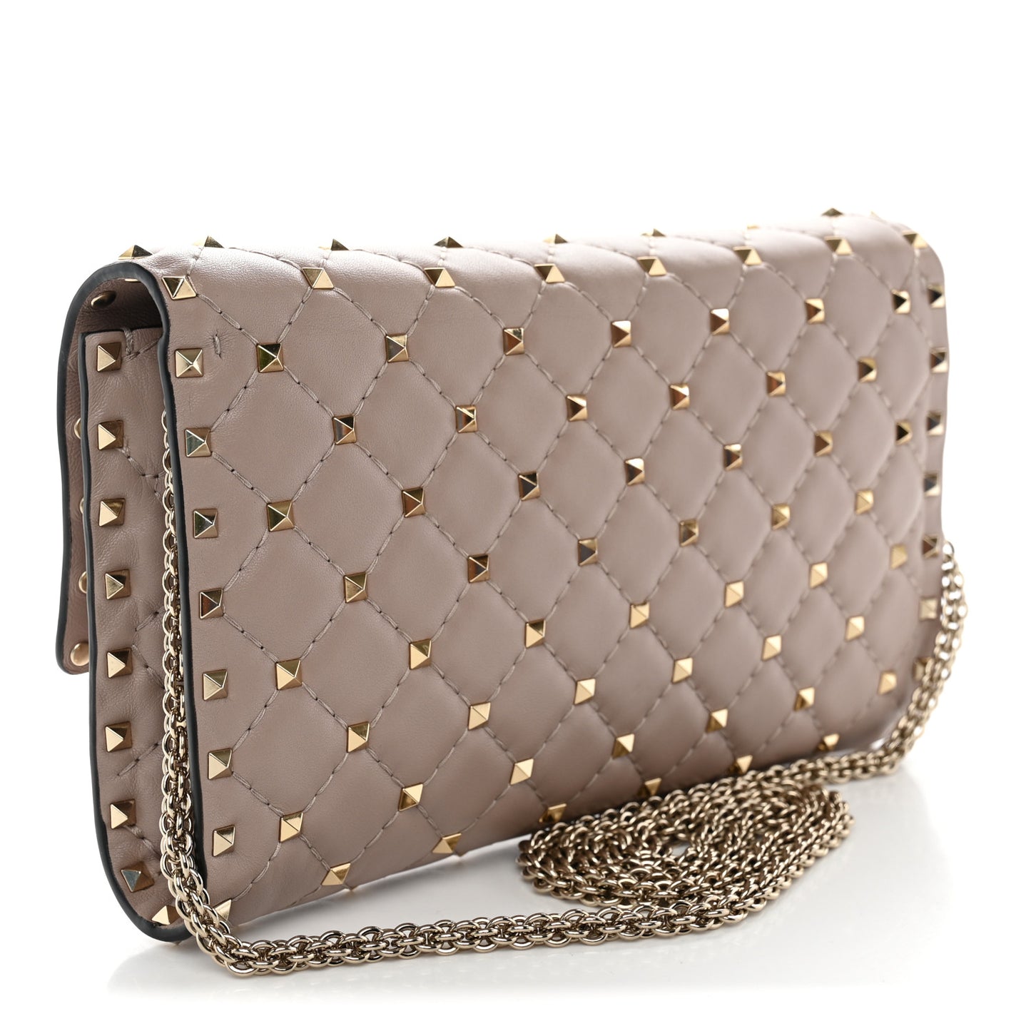 Lambskin Rockstud Spike Wallet on Chain Poudre