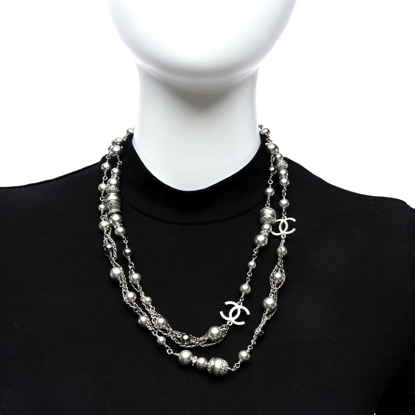 Metal Crystal Pearl CC Long Necklace Silver