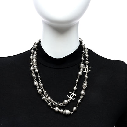 Chanel Metal Crystal Pearl CC Long Necklace Silver 2 of 5