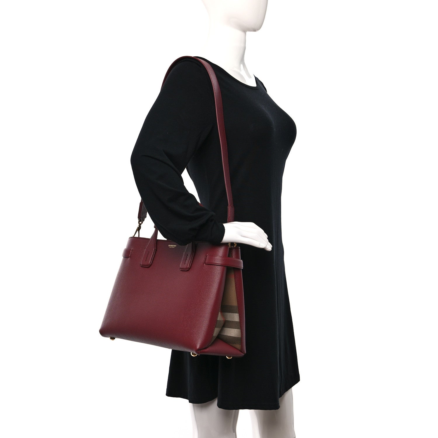 Burberry Grainy Calfskin House Check Medium Banner Tote Mahogany Red 3 of 9