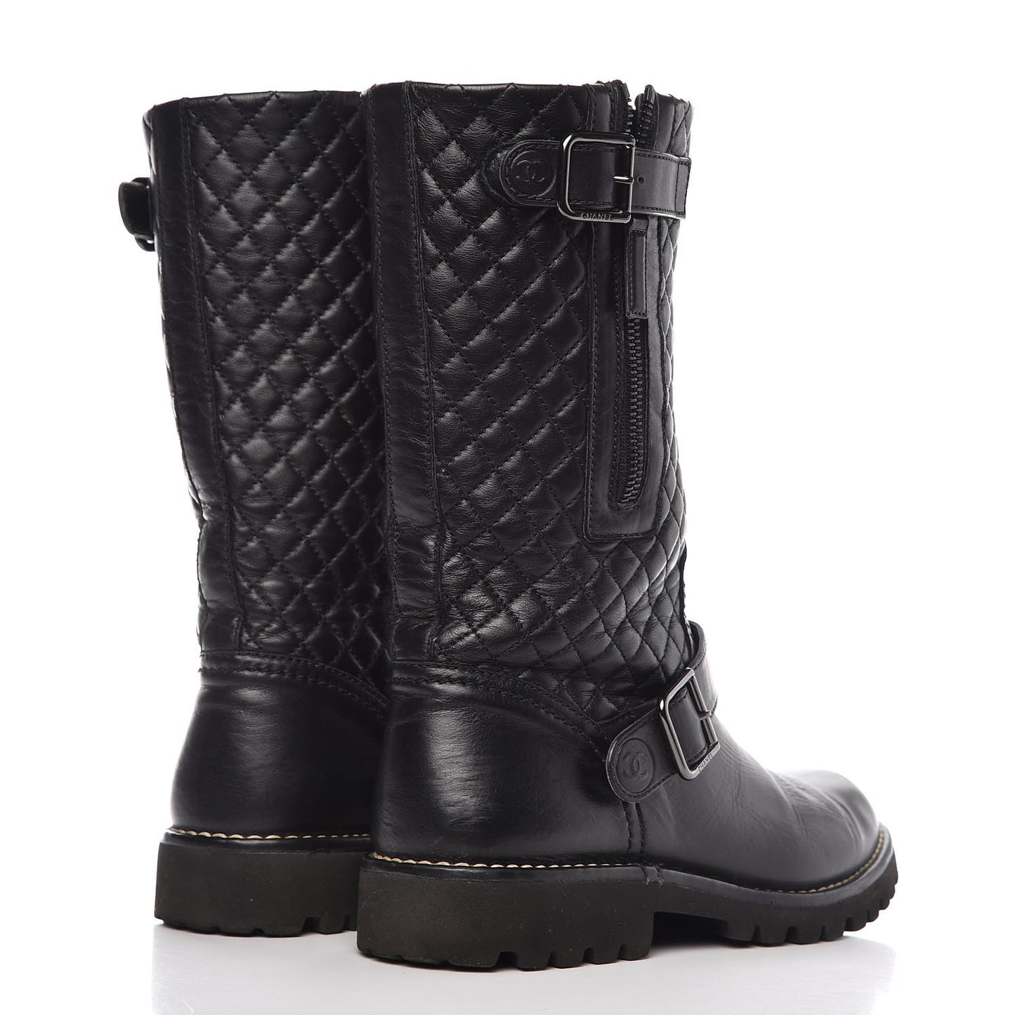 Calfskin Quilted Biker Boots 38.5 Black