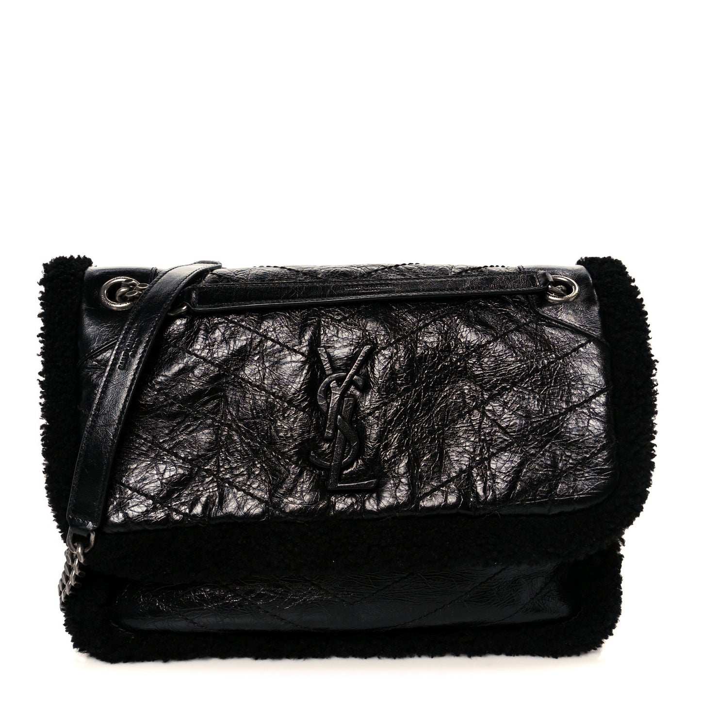 Crinkled Calfskin Shearling Monogram Medium Niki Chain Satchel Black