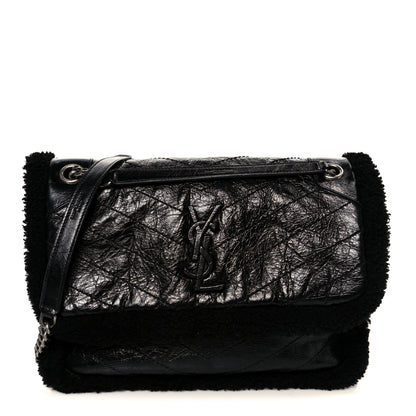 Saint Laurent Crinkled Calfskin Shearling Monogram Medium Niki Chain Satchel Black 1 of 11