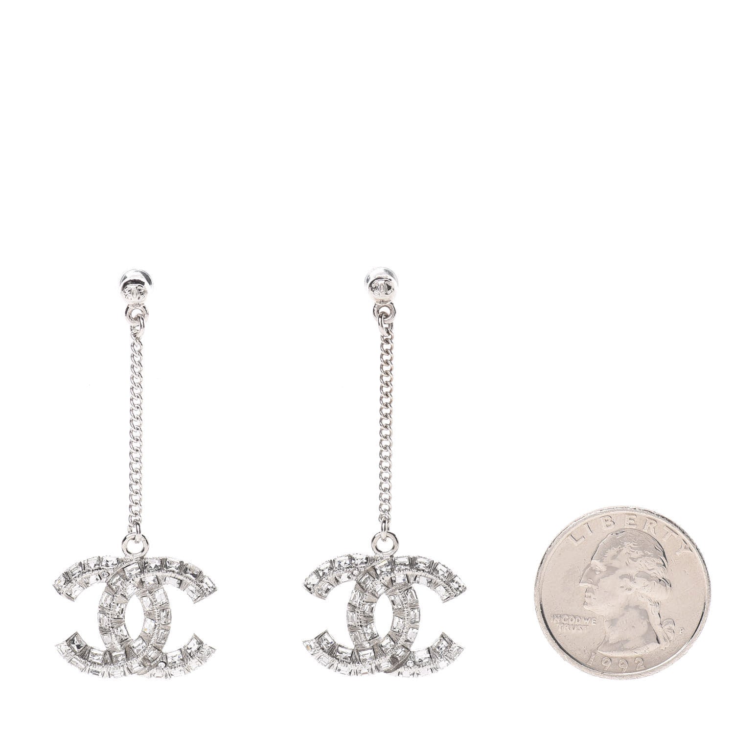 Chanel Baguette Crystal CC Drop Earrings Silver 2 of 5