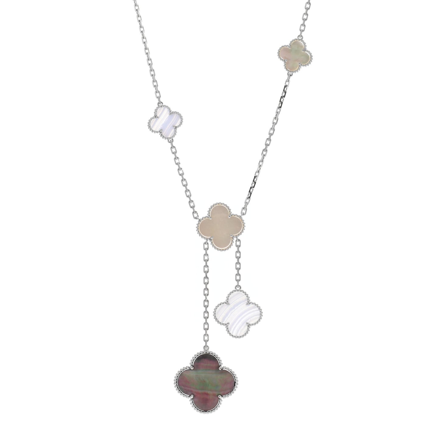 18K White Gold Mother of Pearl Chalcedony 6 Motifs Magic Alhambra Necklace