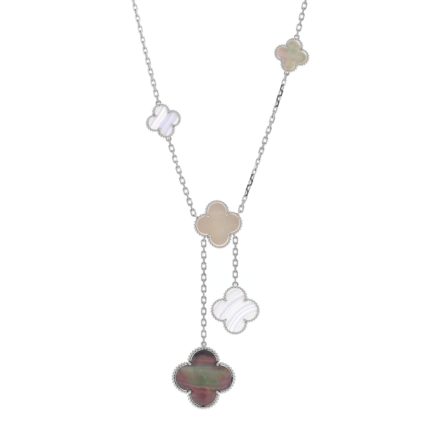 Van Cleef & Arpels 18K White Gold Mother of Pearl Chalcedony 6 Motifs Magic Alhambra Necklace 1 of 4