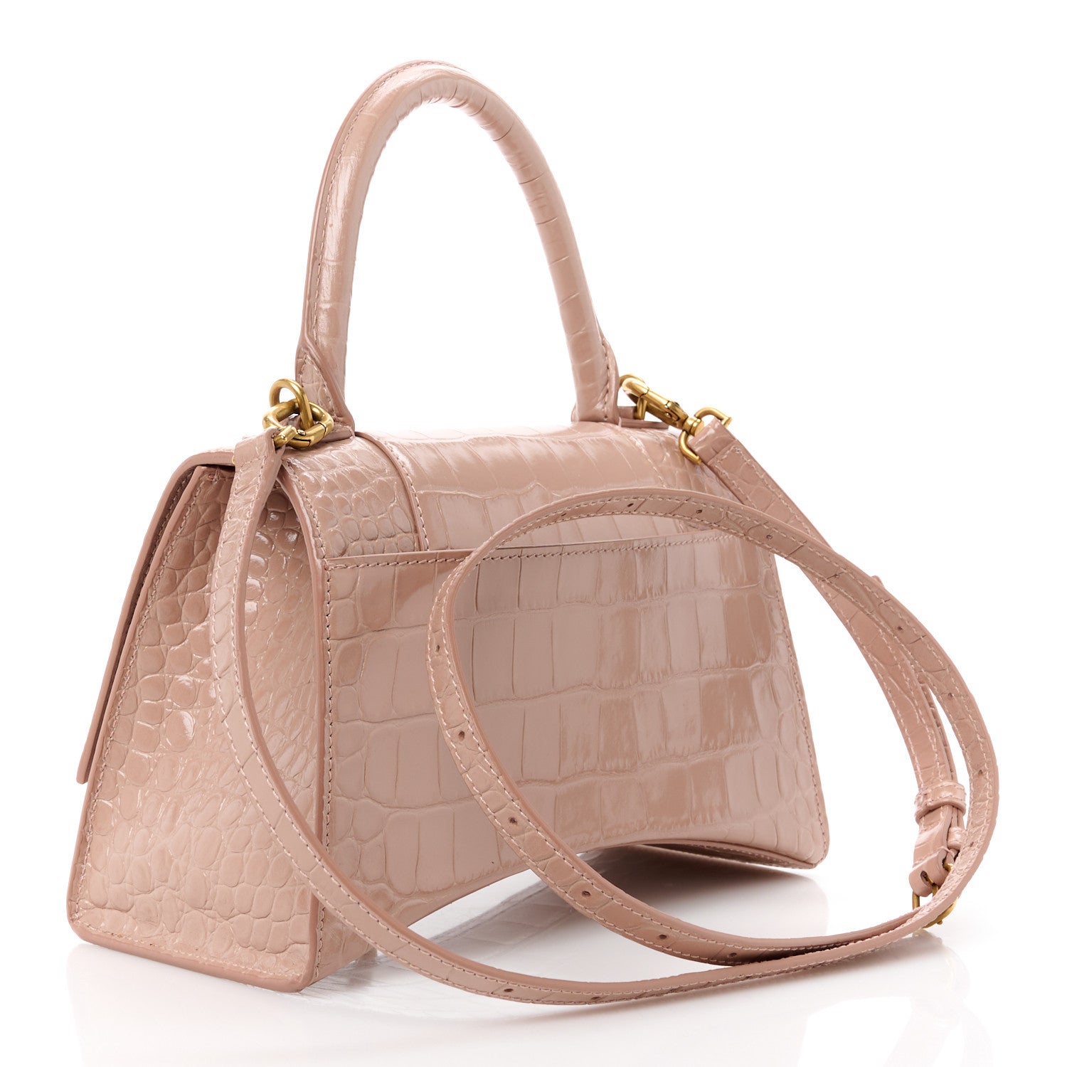Balenciaga Shiny Calfskin Crocodile Embossed Small Hourglass Top Handle Bag Nude Beige 3 of 13