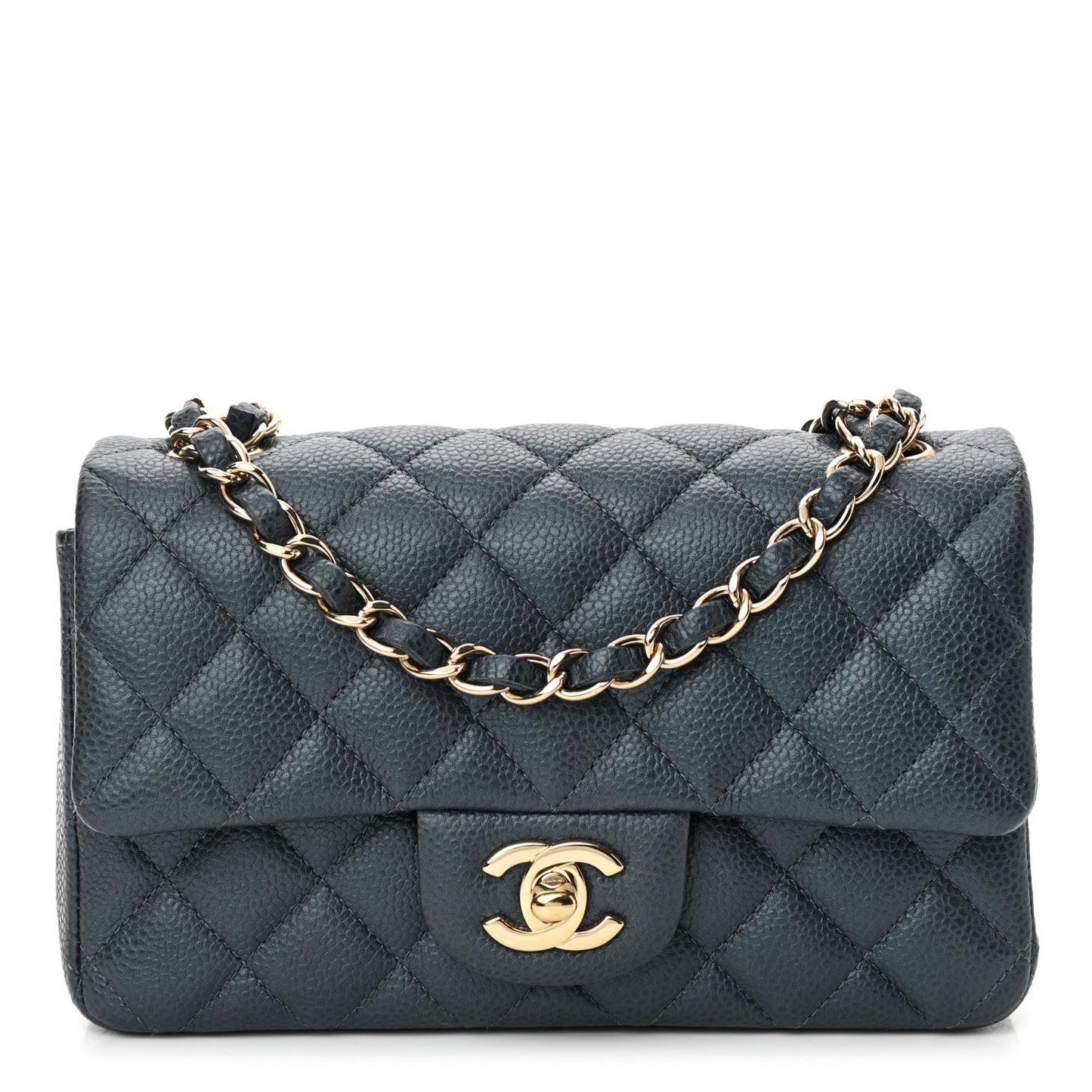 Iridescent Caviar Quilted Mini Rectangular Flap Dark Blue