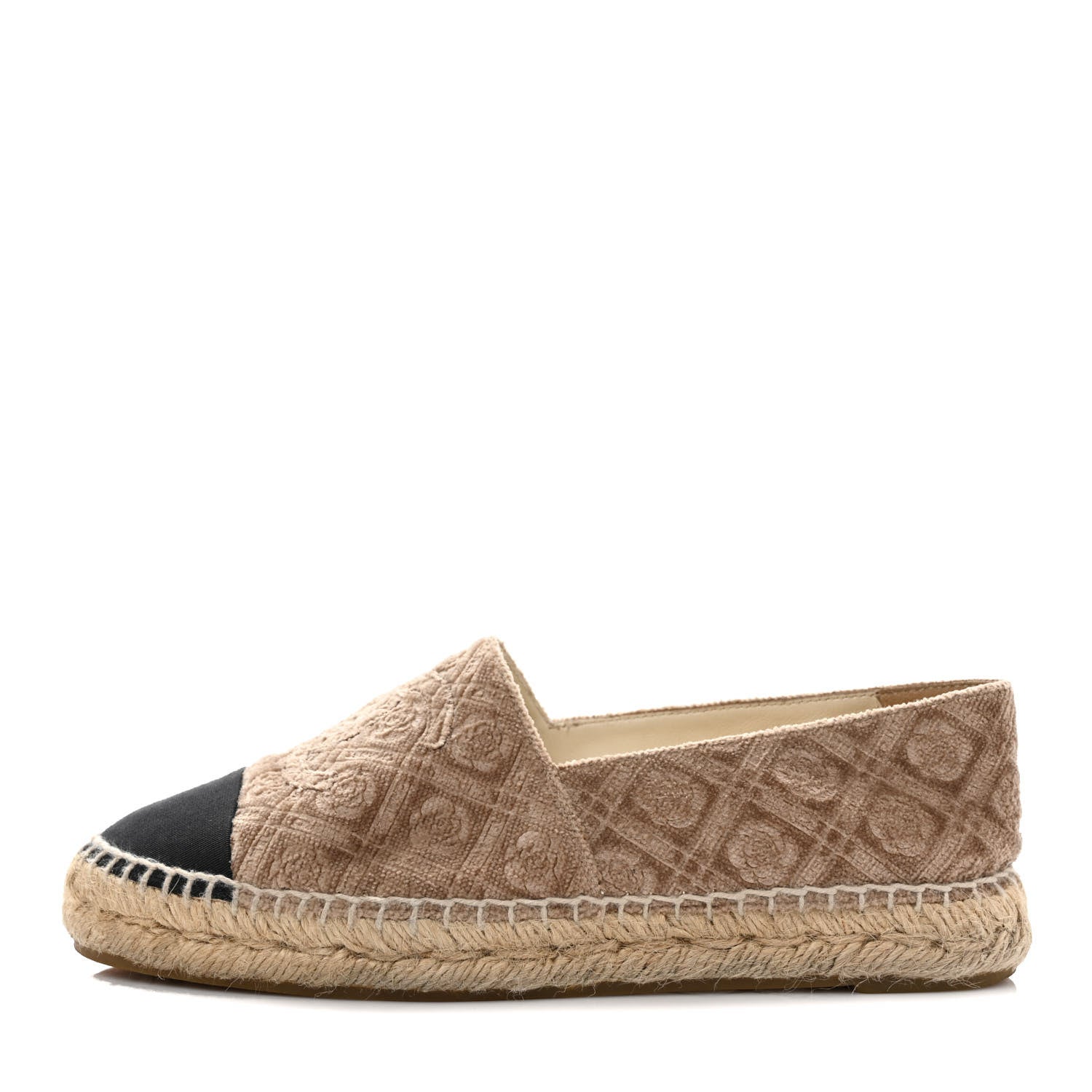 Chanel Velvet Grosgrain Quilted Camellia CC Espadrilles 36 Beige Black 1 of 9