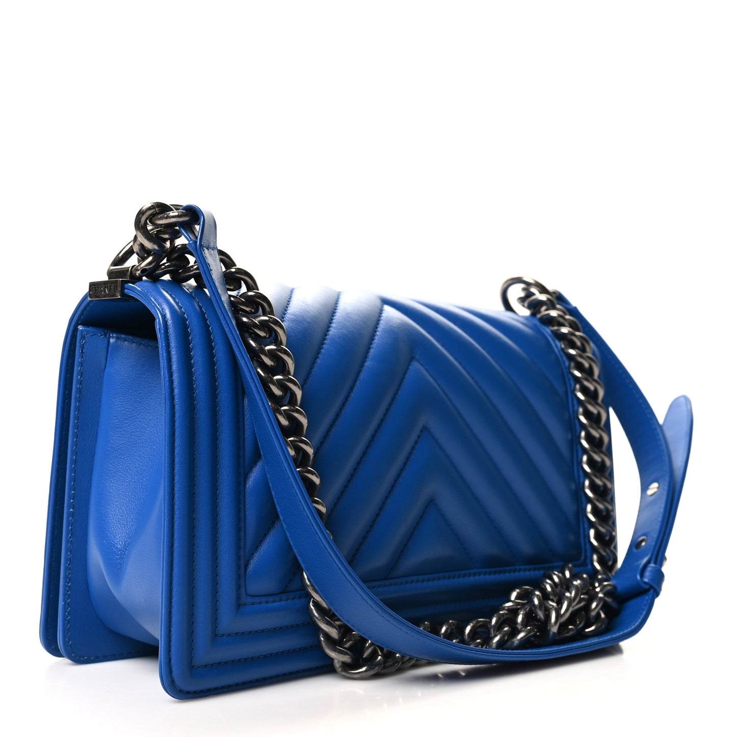 Calfskin Chevron Quilted Medium Boy Flap Bright Blue