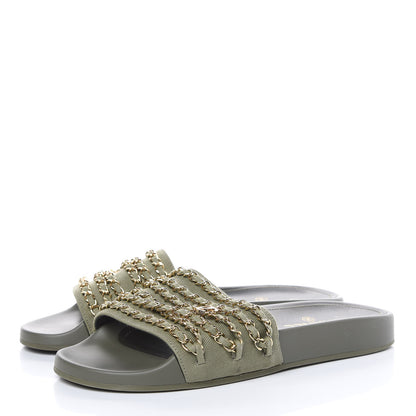 Chanel Canvas Chain Flat Sandals 40 Khaki 3 of 9