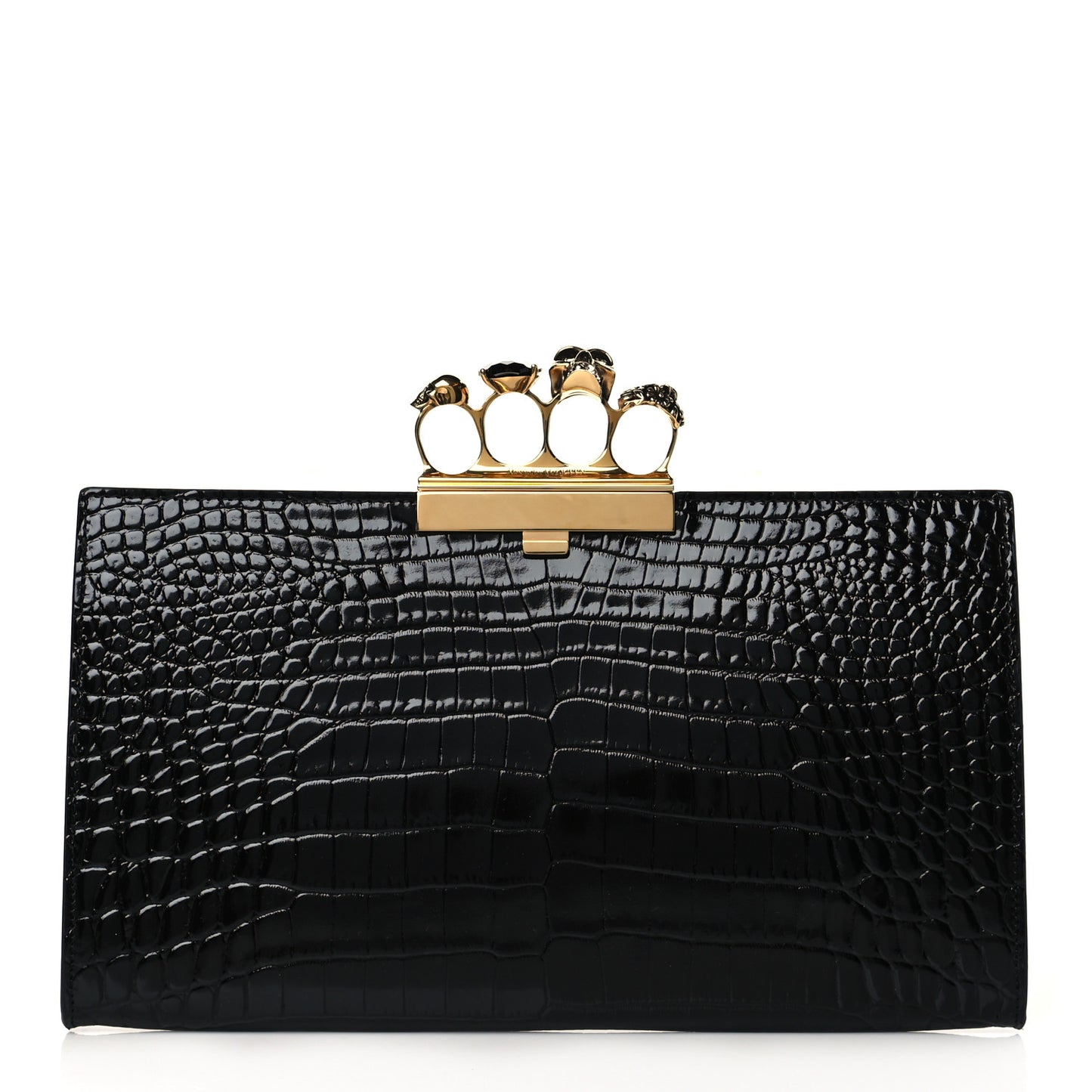 Calfskin Crocodile Embossed Knuckle Flat Clutch Black