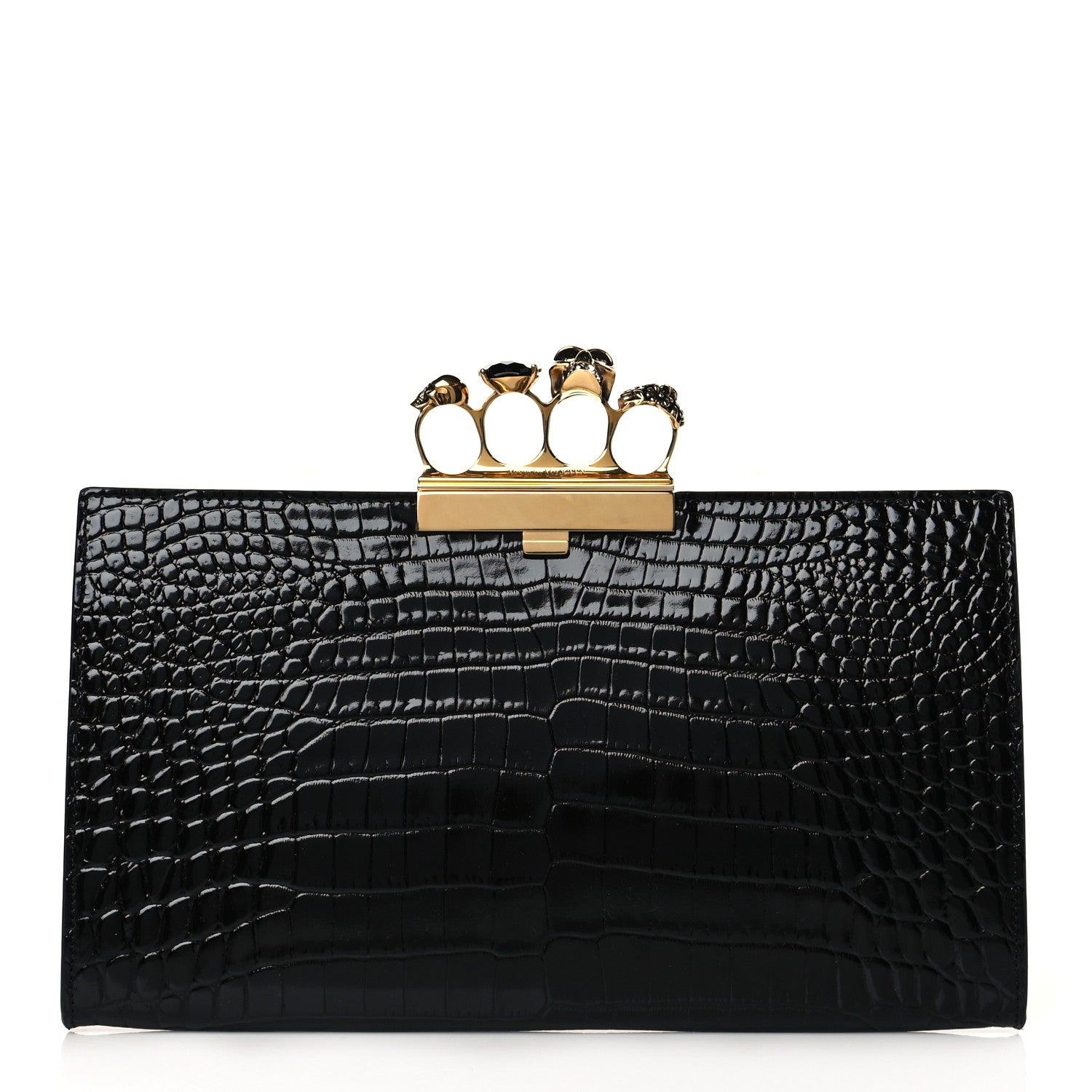 Alexander McQueen Calfskin Crocodile Embossed Knuckle Flat Clutch Black 1 of 9