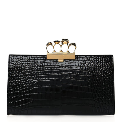 Alexander McQueen Calfskin Crocodile Embossed Knuckle Flat Clutch Black 1 of 9