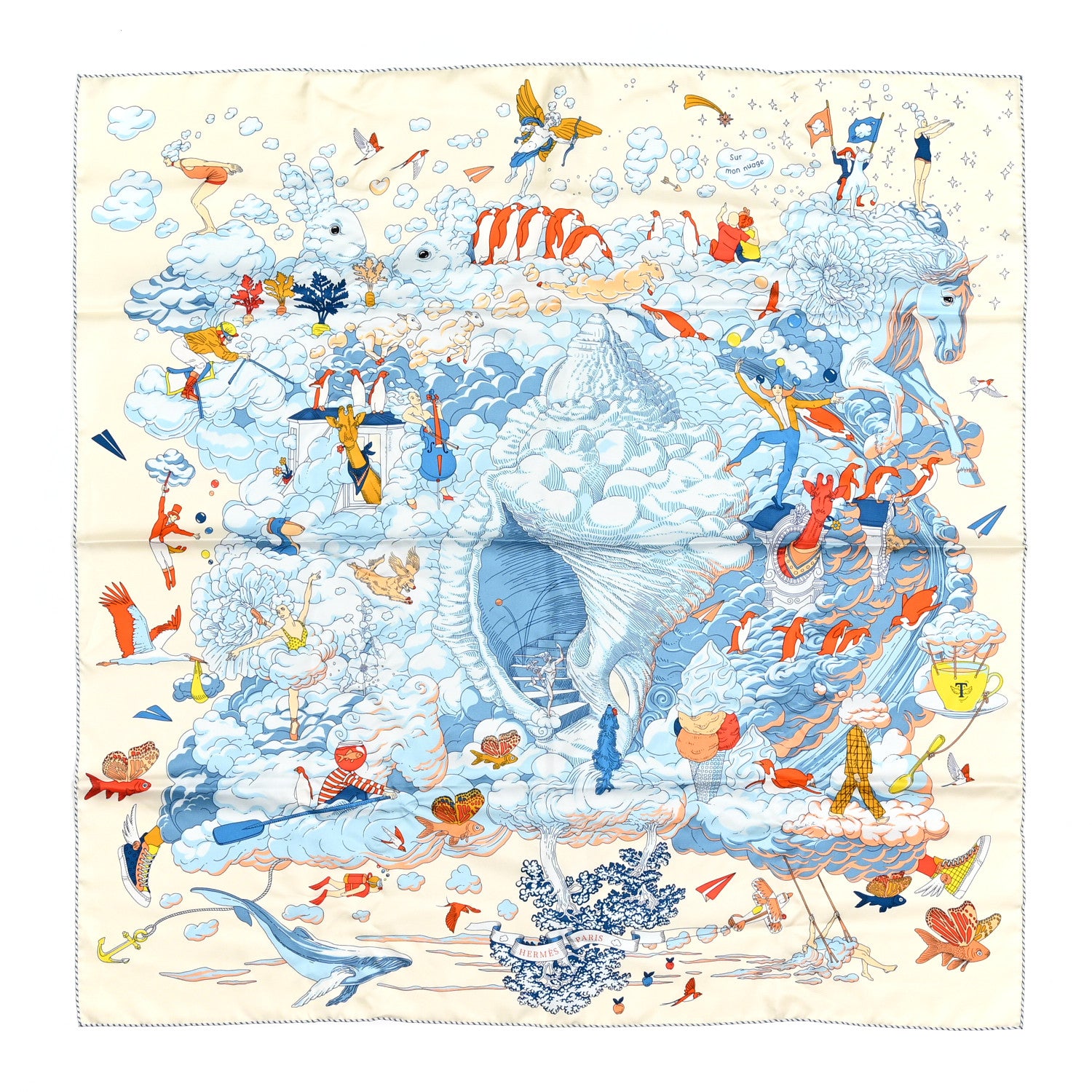 Hermes Silk Sur Mon Nuage Scarf 90 Creme Bleu Clair 1 of 7