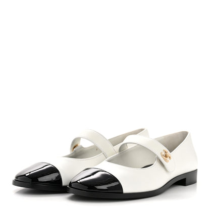 Chanel Calfskin Patent Mary Janes Flats 39.5 White Black 4 of 9