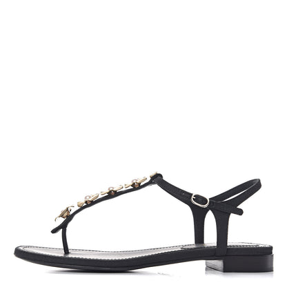 Chanel Fabric Pearl Camellia Thong Sandals 36 Black 1 of 12