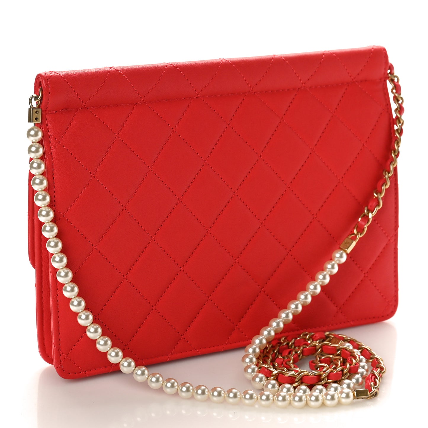 Lambskin Quilted Large Pearl Chain Flap Bag Red