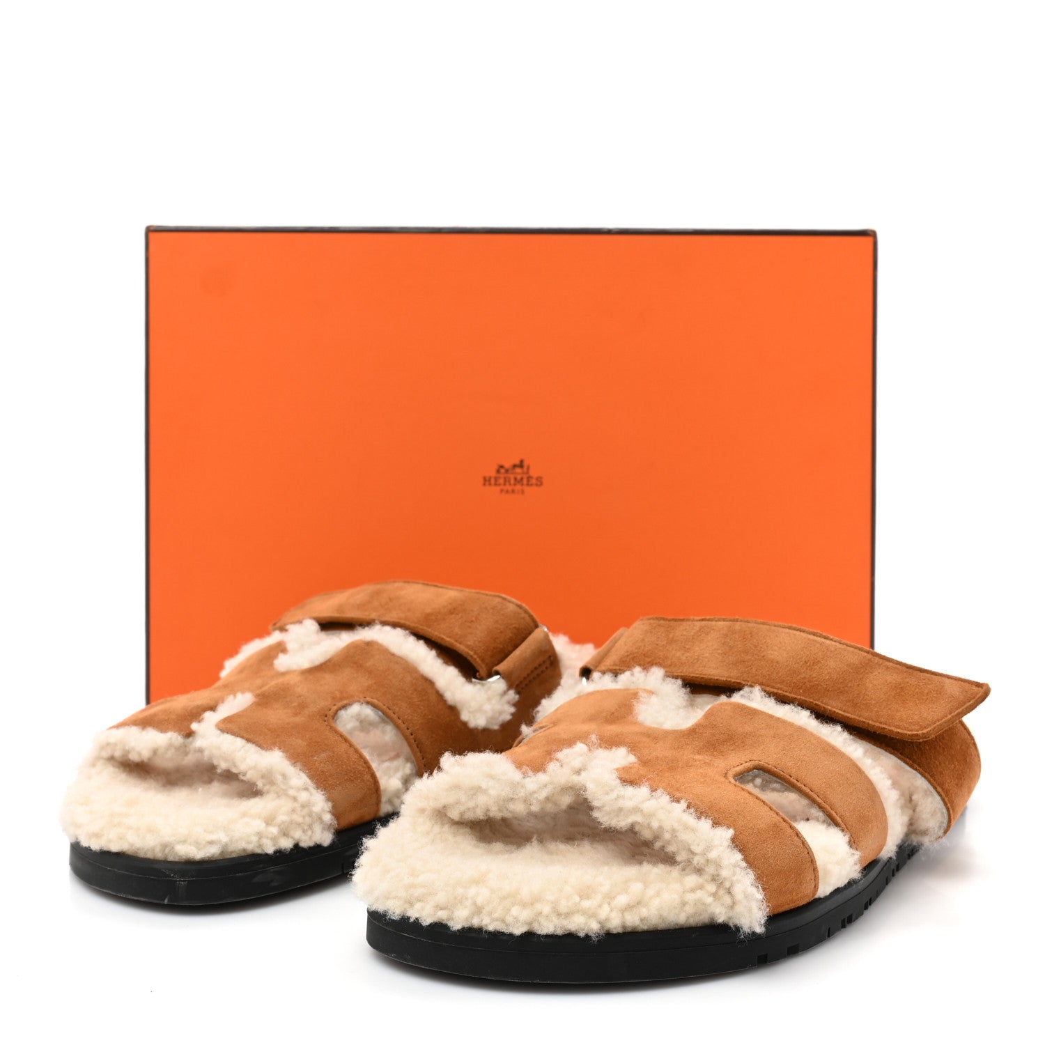 Hermes Suede Goatskin Woolskin Womens Chypre Sandals 38.5 Brun Fume Ecru 2 of 11