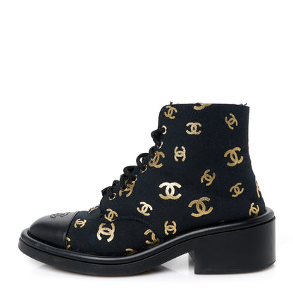 Chanel Lambskin Shearling Canvas CC Lace Up Boots 38.5 Black Gold 1 of 8