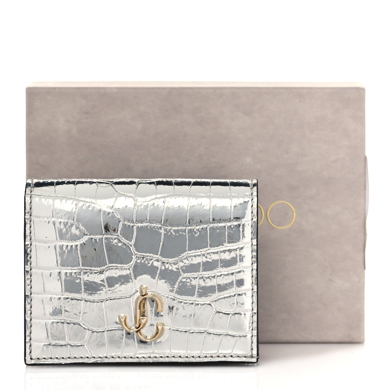 Jimmy Choo Metallic Calfskin Crocodile Embossed Hanne Wallet Silver 8 of 8