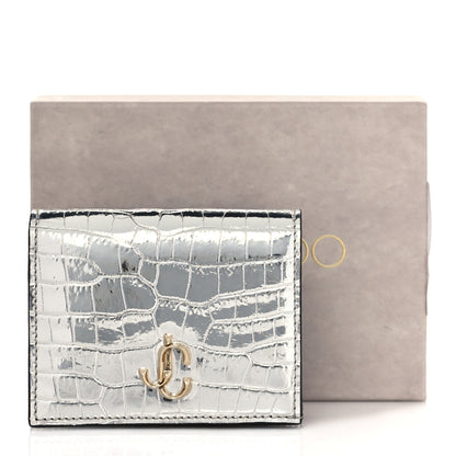 Jimmy Choo Metallic Calfskin Crocodile Embossed Hanne Wallet Silver 8 of 8