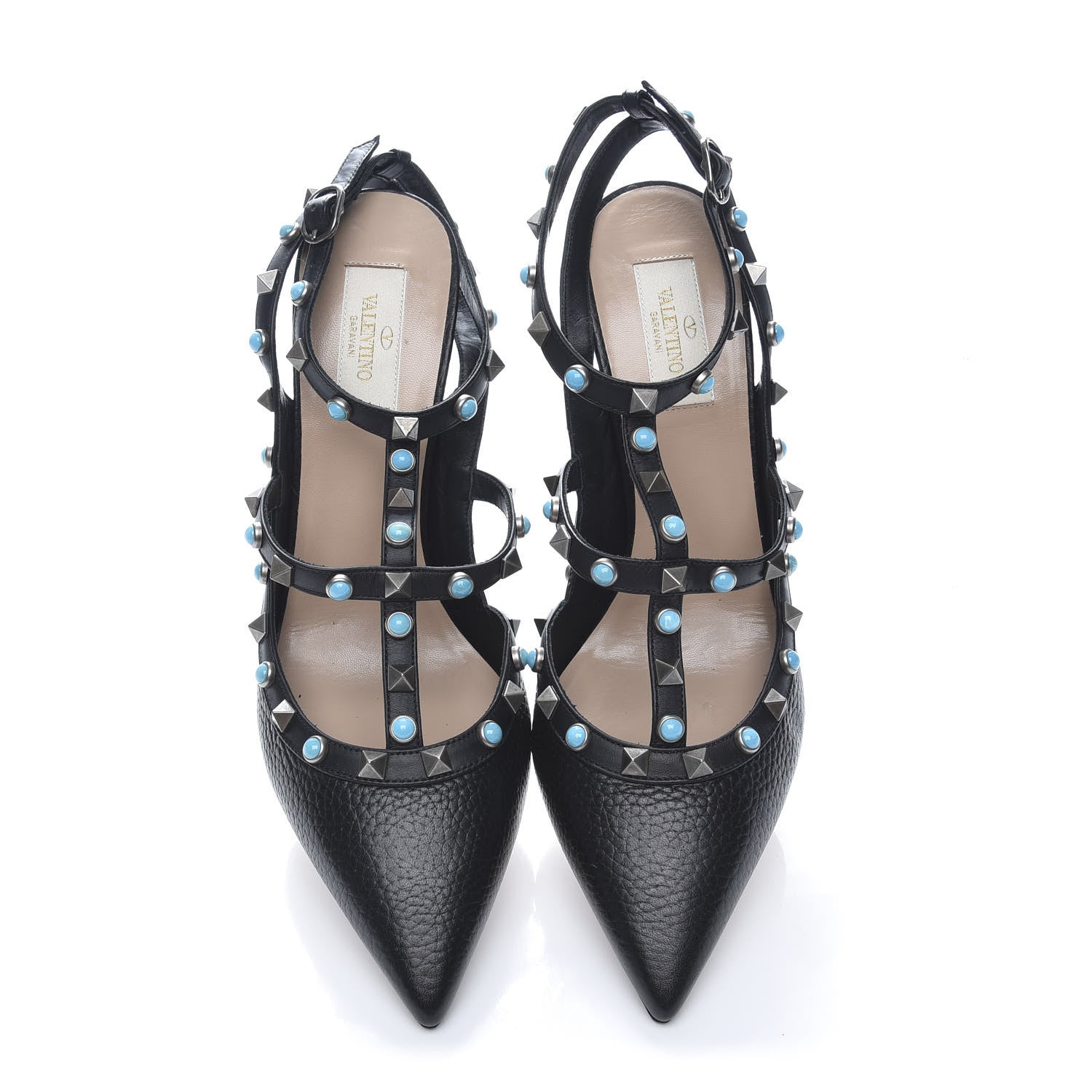 Valentino Garavani Pebbled Calfskin Turquoise Rockstud Rolling Ankle Strap 100mm Pumps 40.5 Black 5 of 9