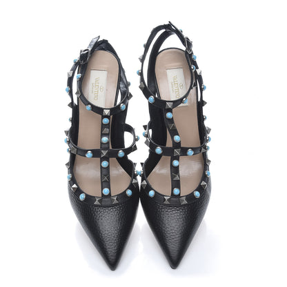 Valentino Garavani Pebbled Calfskin Turquoise Rockstud Rolling Ankle Strap 100mm Pumps 40.5 Black 5 of 9