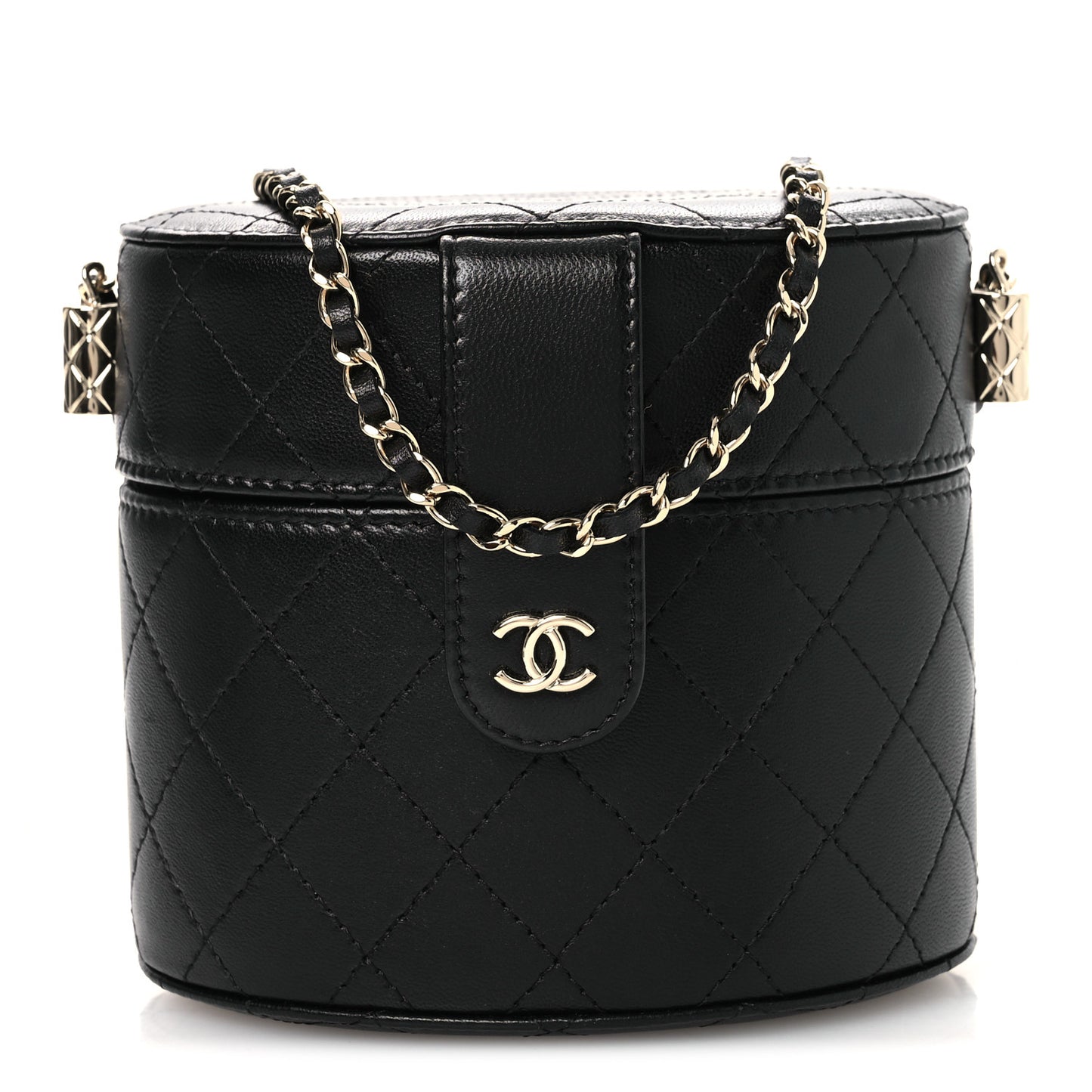 Lambskin Quilted Round Vanity Case With Chain Black