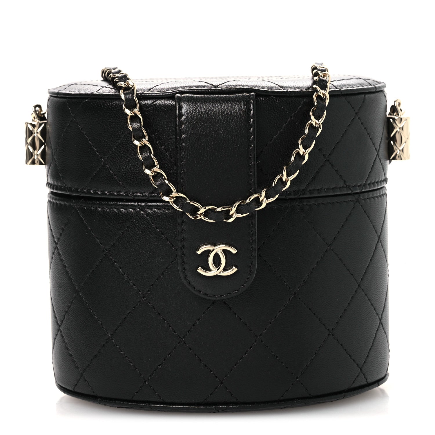 Chanel Lambskin Quilted Round Vanity Case With Chain Black 1 of 12