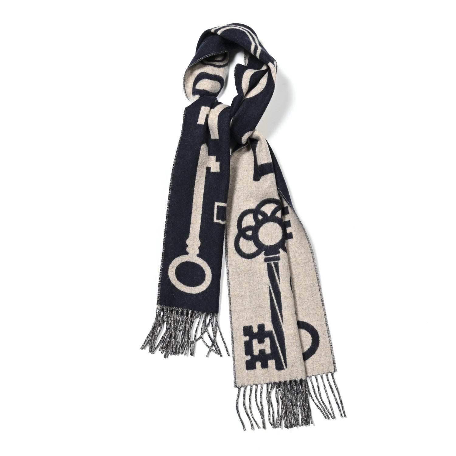 Hermes Cashmere Casaque Porte-Clefs Muffler Marine Beige Chine 1 of 4