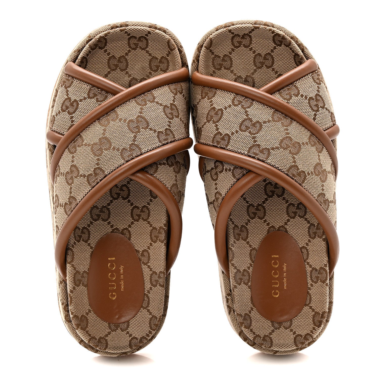 Gucci Monogram GG Calfskin Angelina Platform 55mm Slide Sandals 38.5 Camel Ebony 35 Camel Ebony 2 of 10