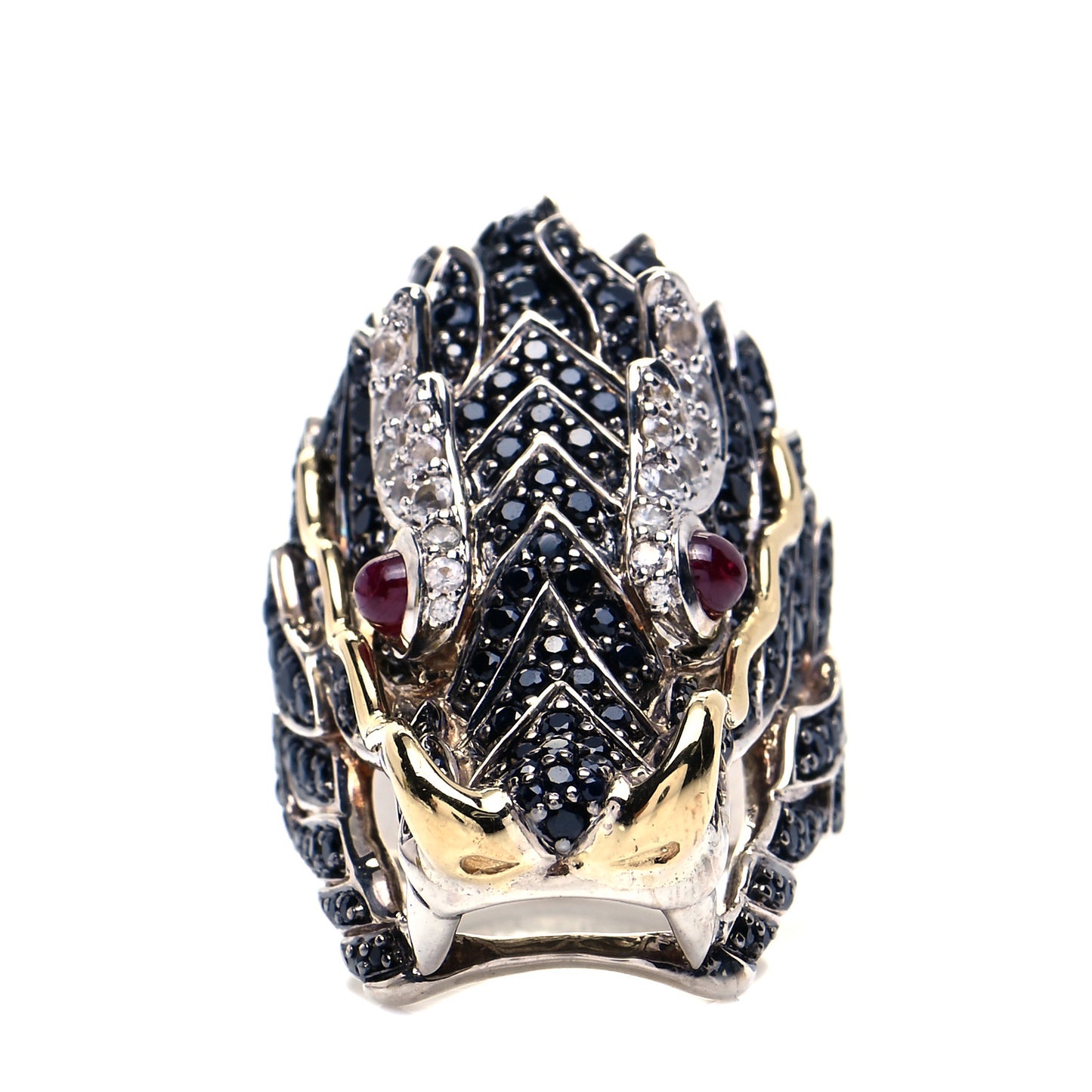 Sterling Silver 18K Yellow Gold Ruby Black Sapphire White Sapphire Naga Head Ring 54 7