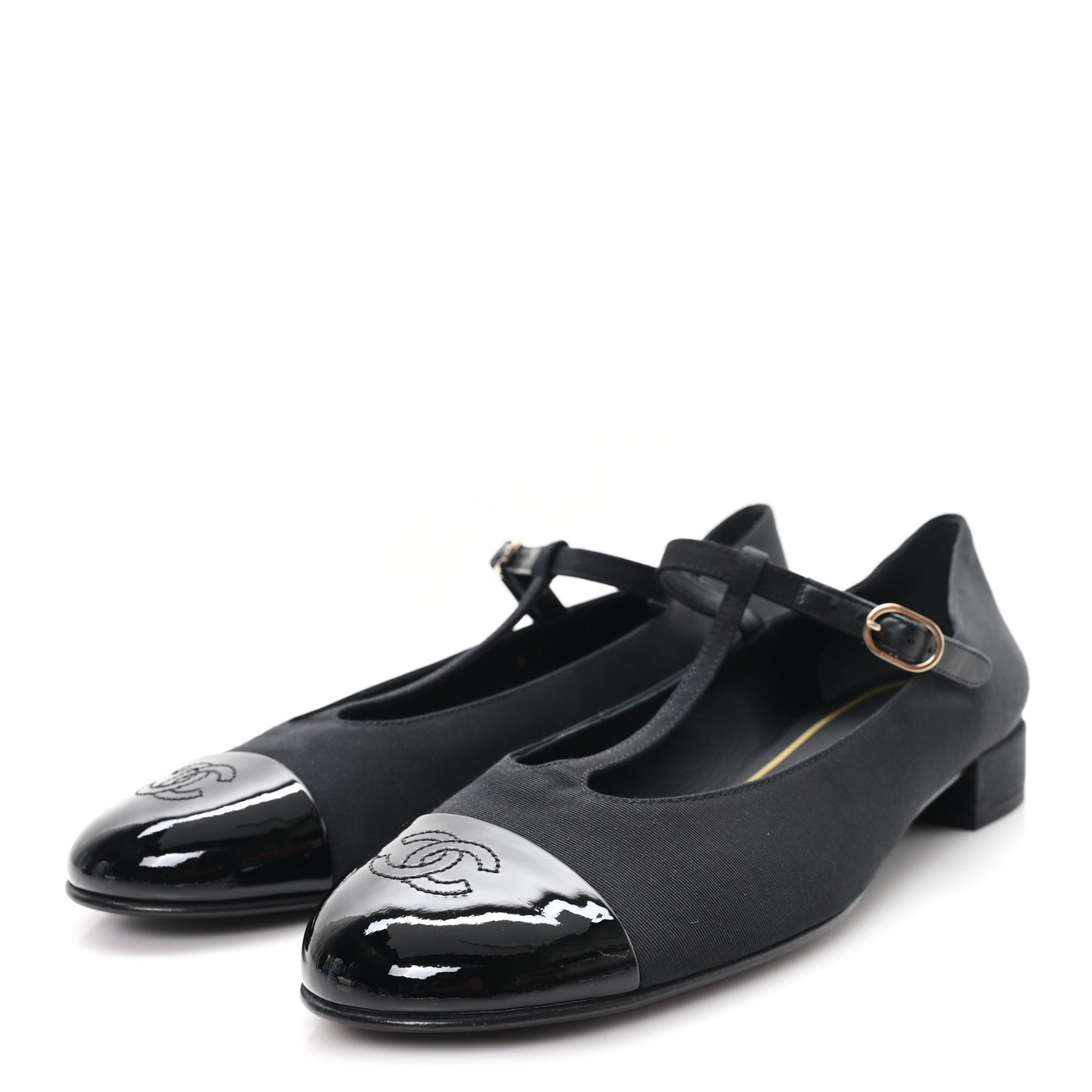 Grosgrain Patent Calfskin Cap Toe T Strap CC Flats 41 Black