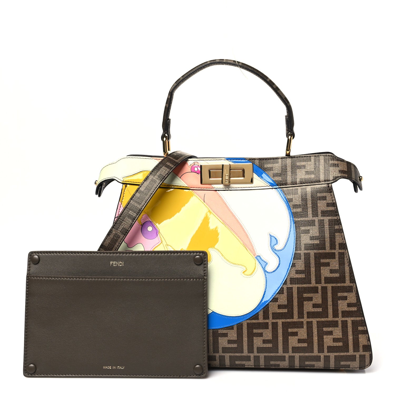 Fendi Glazed Fabric Vitello FF 1974 Hairdo Girls Inlay Medium Peekaboo Iconic Satchel Mogano Panna Multicolor 3 of 12