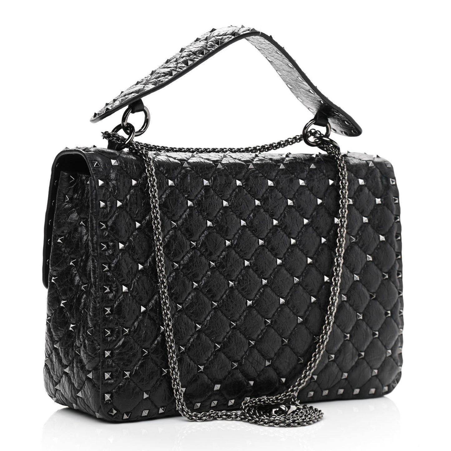 Craquele Nappa Large Rockstud Spike Shoulder Bag Black