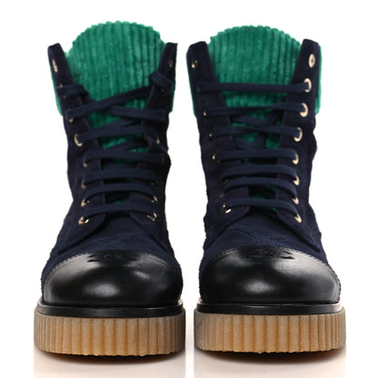 Chanel Suede Calfskin Velvet Quilted CC Combat Boots 38 Navy Green Black 2 of 8
