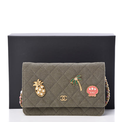 Chanel Canvas Quilted Coco Cuba Charms Wallet On Chain WOC Khaki 10 of 10