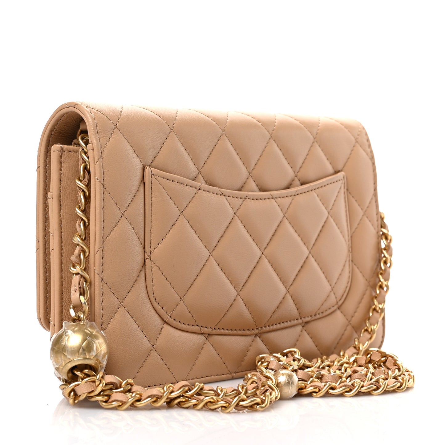 Lambskin Quilted CC Pearl Crush Wallet on Chain WOC Light Beige